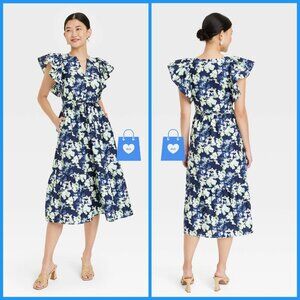 XS - Flutter Short Sleeve Poplin Tiered Midi Dress - A New Day - Navy Floral